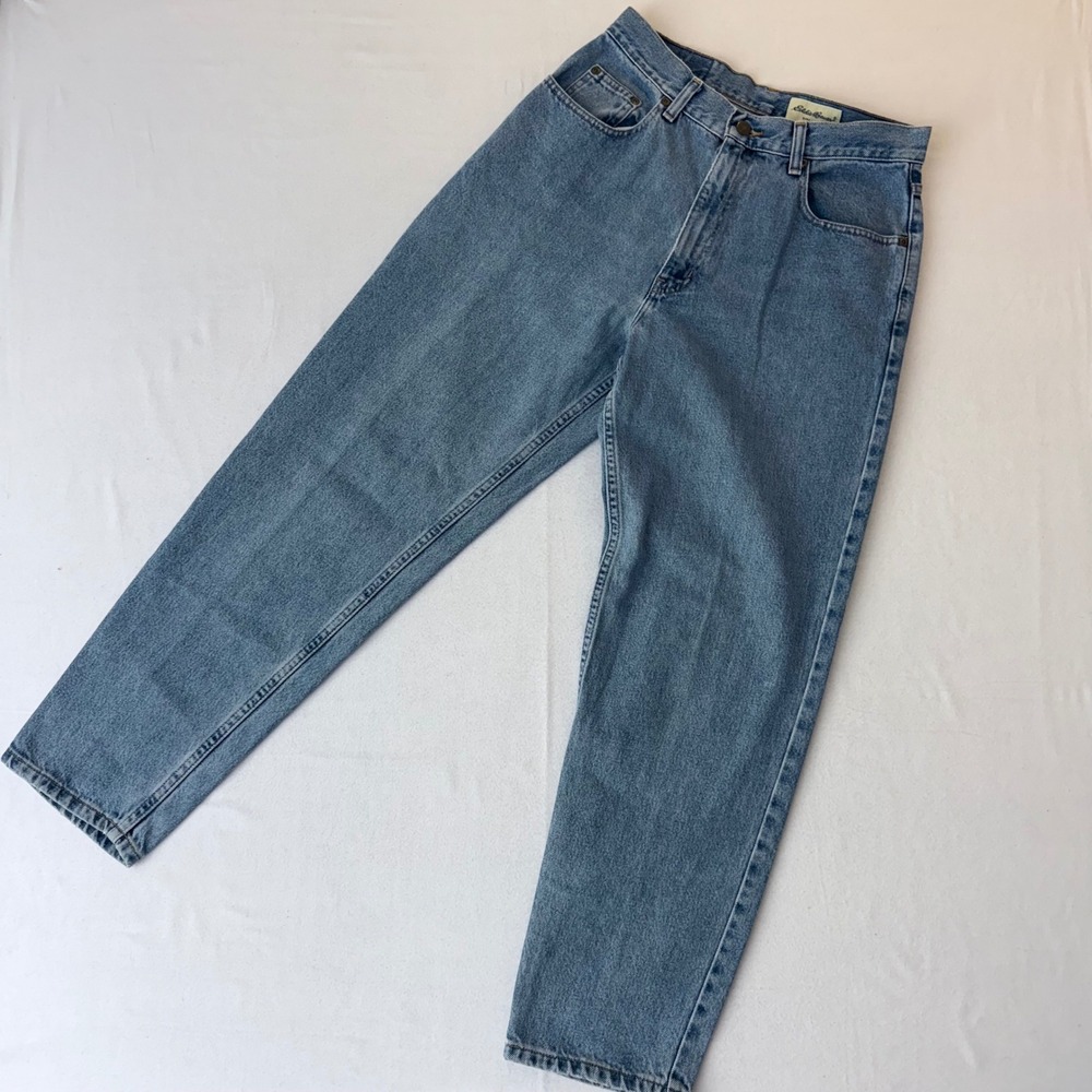 Eddie Bauer High Rise Mom Jeans Medium Wash Denim Tapered Leg Womens 10 Petite